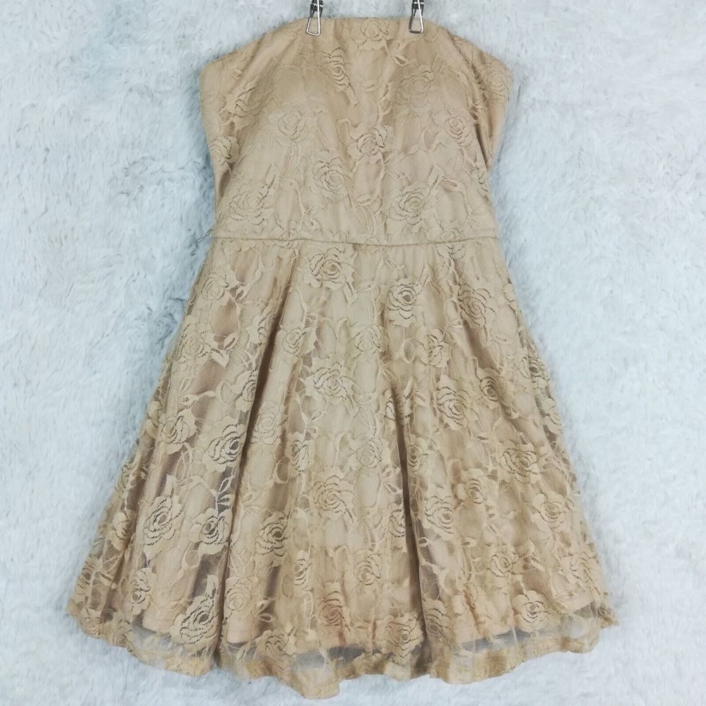 Love Reign Womens Dress Mini Pouf Strapless Floral Rose‎ Overlay Beige M